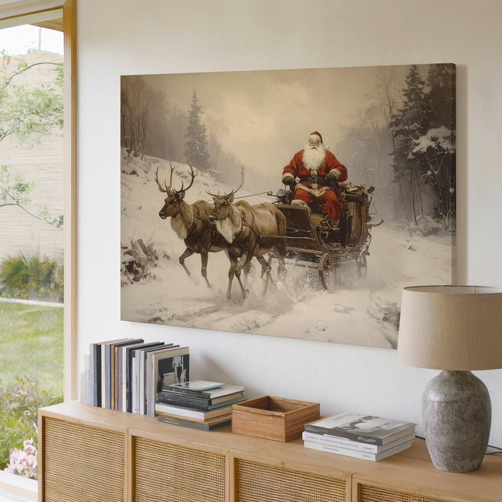 Vintage Santa Sleigh Ride Canvas – Rustic Christmas Eve Journey Art - Gifitto