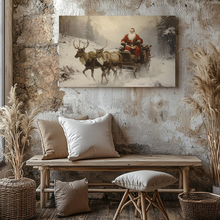 Vintage Santa Sleigh Ride Canvas – Rustic Christmas Eve Journey Art - Gifitto