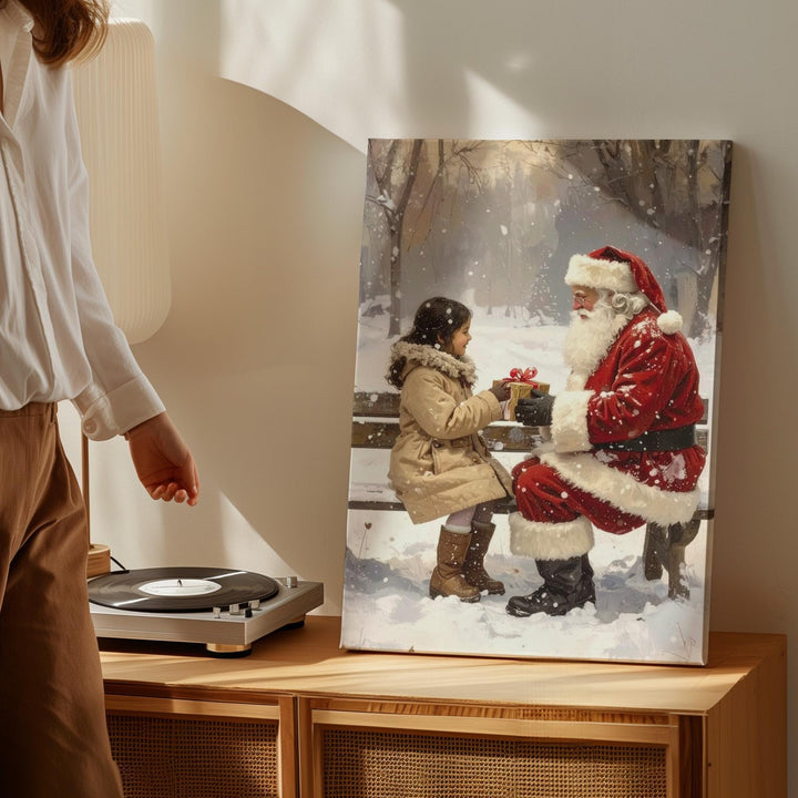 Santa’s Gift Moment Canvas – Heartwarming Christmas Encounter in Falling Snow - Gifitto