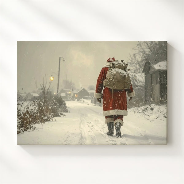 Santa’s Christmas Eve Walk Canvas – Nostalgic Snowy Village Scene - Gifitto
