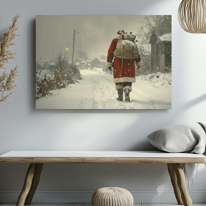 Santa’s Christmas Eve Walk Canvas – Nostalgic Snowy Village Scene - Gifitto