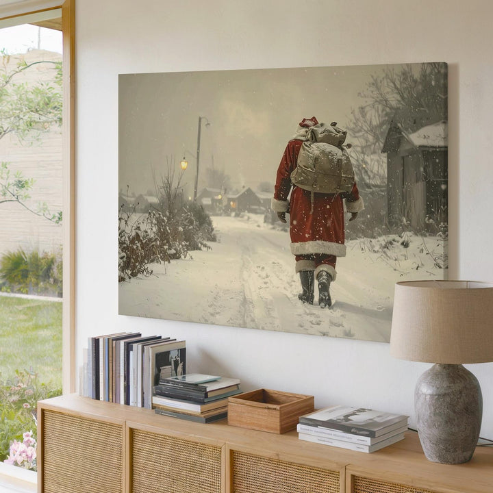 Santa’s Christmas Eve Walk Canvas – Nostalgic Snowy Village Scene - Gifitto