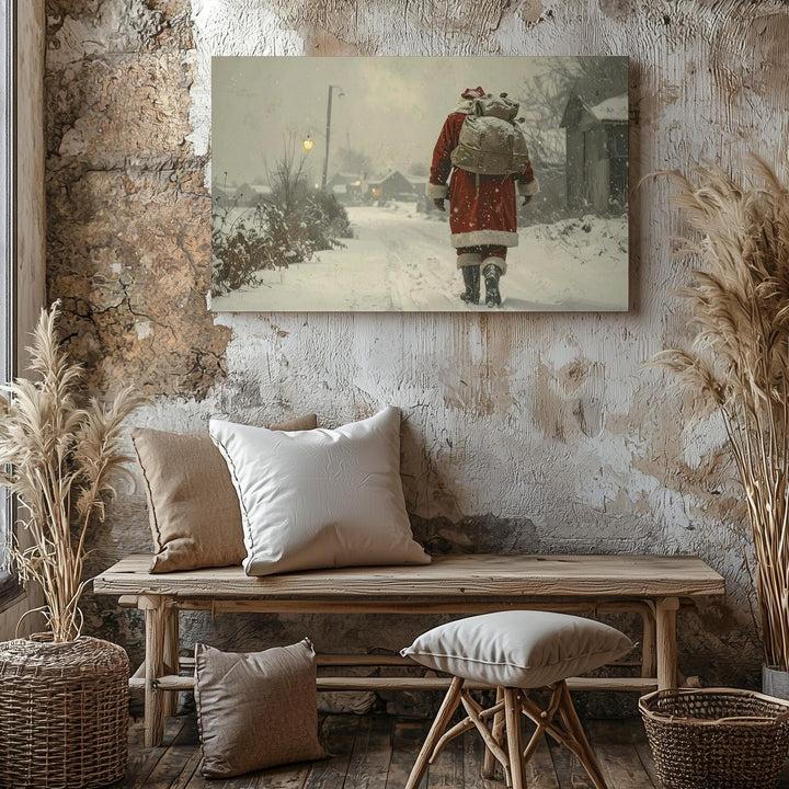 Santa’s Christmas Eve Walk Canvas – Nostalgic Snowy Village Scene - Gifitto
