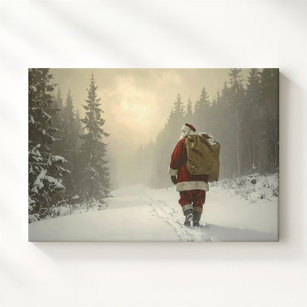 Santa Walking Through Snowy Forest Canvas – Magical Winter Journey Art - Gifitto