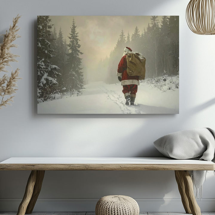 Santa Walking Through Snowy Forest Canvas – Magical Winter Journey Art - Gifitto