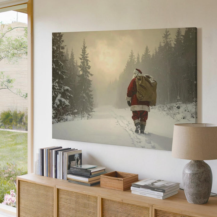 Santa Walking Through Snowy Forest Canvas – Magical Winter Journey Art - Gifitto