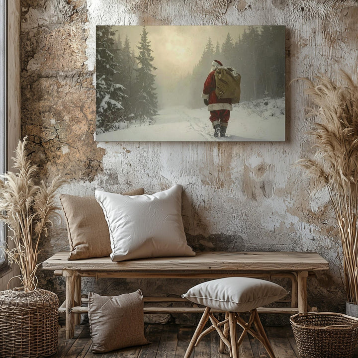 Santa Walking Through Snowy Forest Canvas – Magical Winter Journey Art - Gifitto