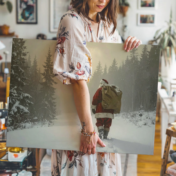 Santa Walking Through Snowy Forest Canvas – Magical Winter Journey Art - Gifitto