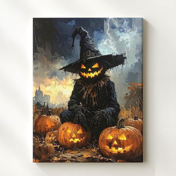 Haunted Scarecrow Guardian Canvas – Gothic Jack-O'-Lantern & Castle Halloween Art - Gifitto