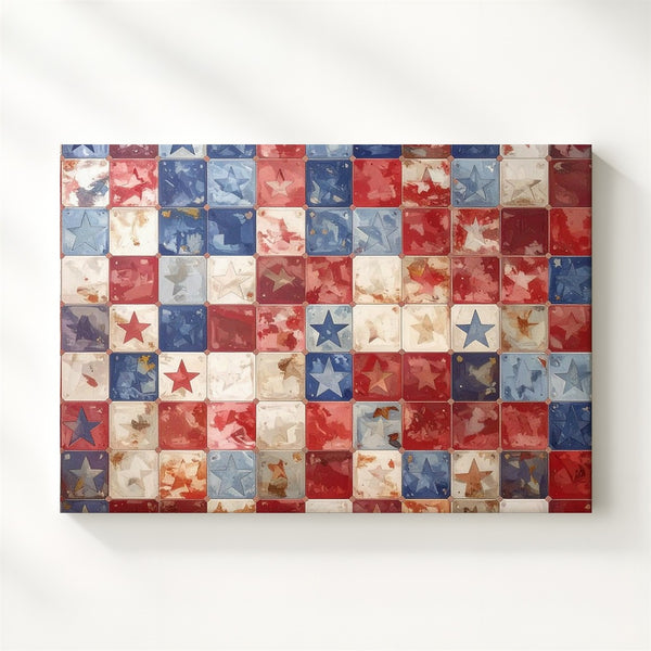 Patriotic Quilt Pattern Canvas – Red Checkered Stars Retro Americana Wall Art - Gifitto