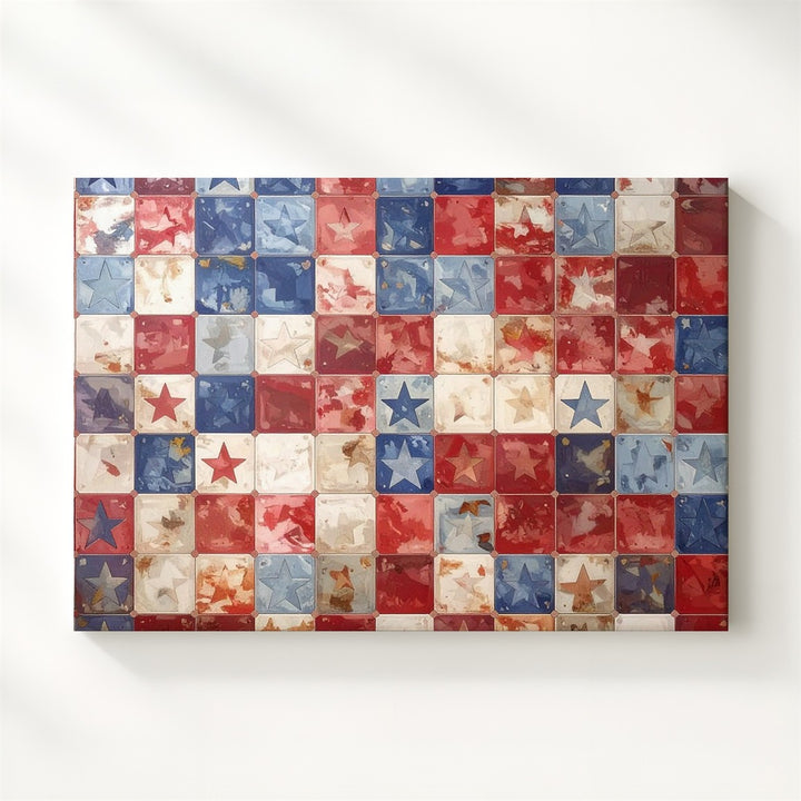 Patriotic Quilt Pattern Canvas – Red Checkered Stars Retro Americana Wall Art - Gifitto