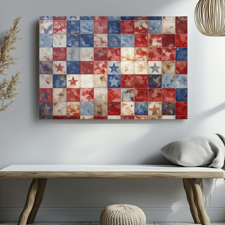Patriotic Quilt Pattern Canvas – Red Checkered Stars Retro Americana Wall Art - Gifitto