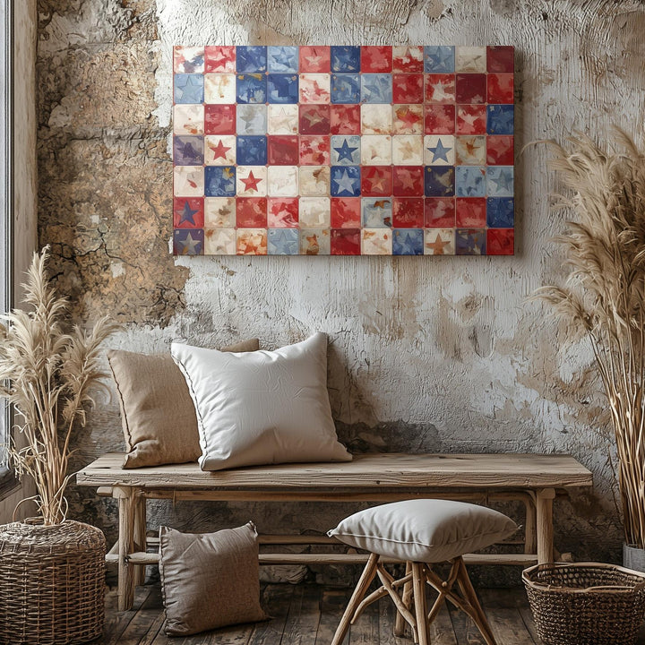 Patriotic Quilt Pattern Canvas – Red Checkered Stars Retro Americana Wall Art - Gifitto