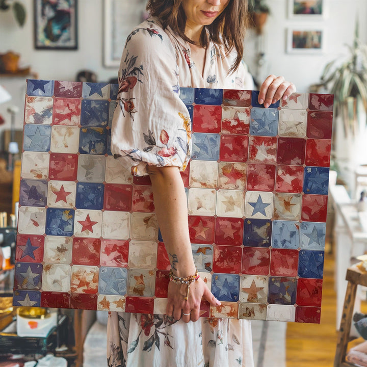 Patriotic Quilt Pattern Canvas – Red Checkered Stars Retro Americana Wall Art - Gifitto