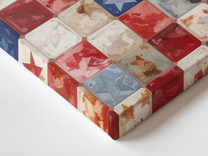 Patriotic Quilt Pattern Canvas – Red Checkered Stars Retro Americana Wall Art - Gifitto