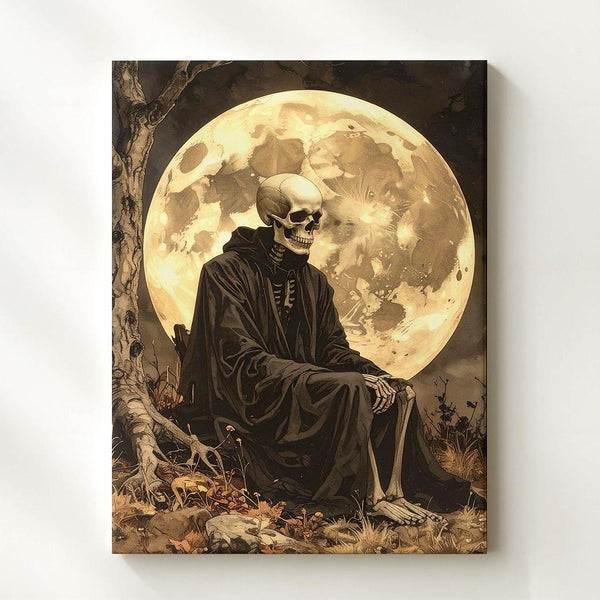Contemplative Skeleton Under Moon – Gothic Sepia Halloween Canvas - Gifitto