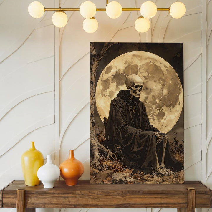 Contemplative Skeleton Under Moon – Gothic Sepia Halloween Canvas - Gifitto