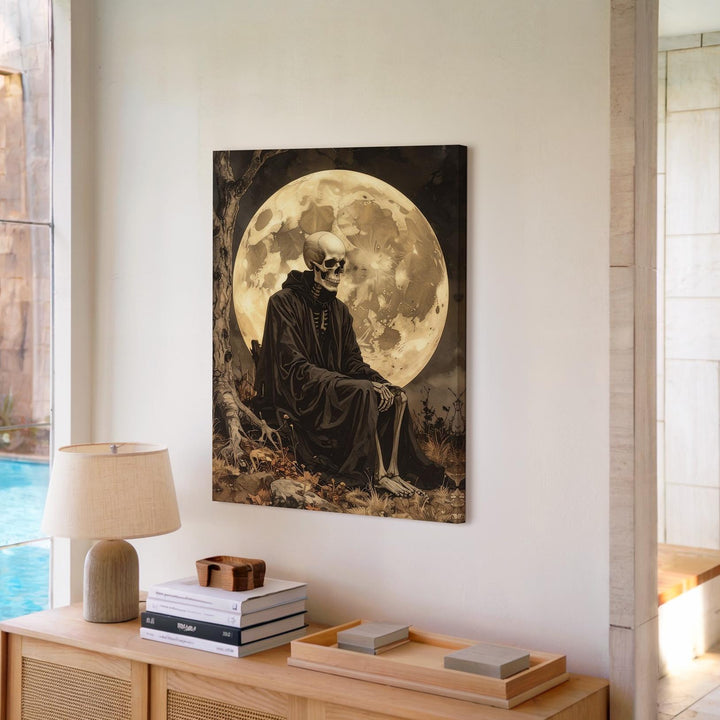 Contemplative Skeleton Under Moon – Gothic Sepia Halloween Canvas - Gifitto