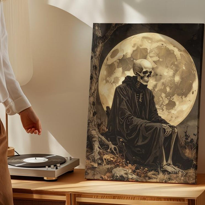 Contemplative Skeleton Under Moon – Gothic Sepia Halloween Canvas - Gifitto