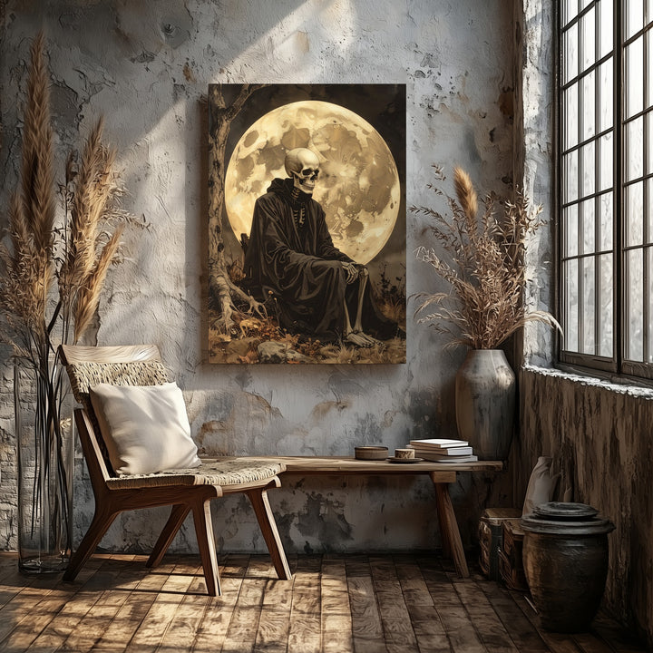 Contemplative Skeleton Under Moon – Gothic Sepia Halloween Canvas - Gifitto