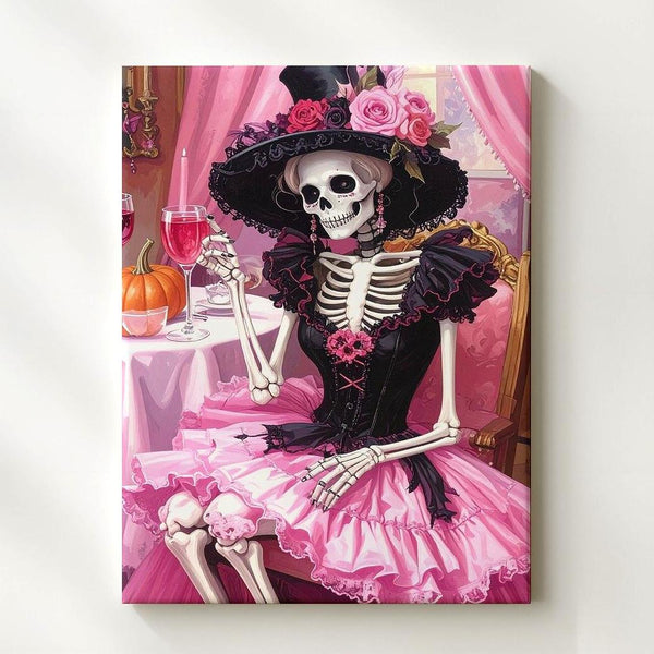 Victorian Skeleton Lady Canvas – Pink Gothic Halloween Dinner Party Art - Gifitto