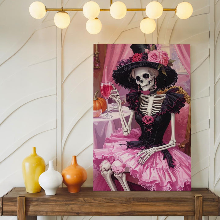 Victorian Skeleton Lady Canvas – Pink Gothic Halloween Dinner Party Art - Gifitto