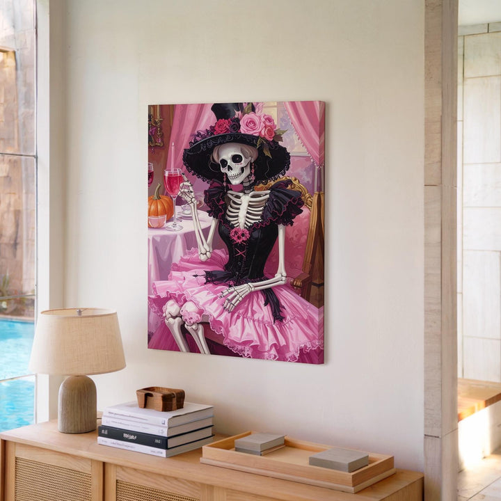 Victorian Skeleton Lady Canvas – Pink Gothic Halloween Dinner Party Art - Gifitto