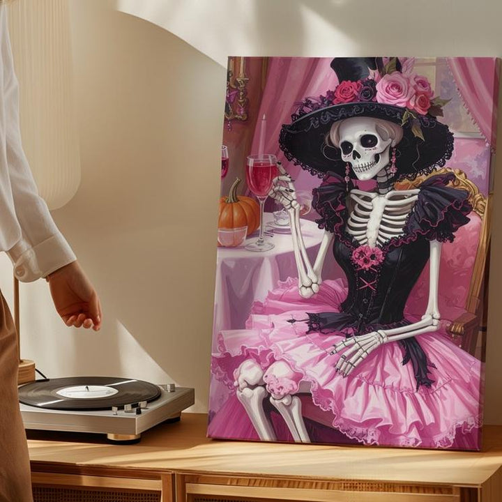Victorian Skeleton Lady Canvas – Pink Gothic Halloween Dinner Party Art - Gifitto