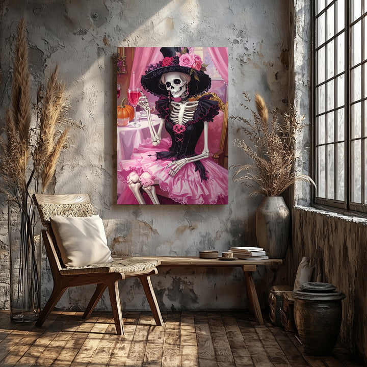 Victorian Skeleton Lady Canvas – Pink Gothic Halloween Dinner Party Art - Gifitto