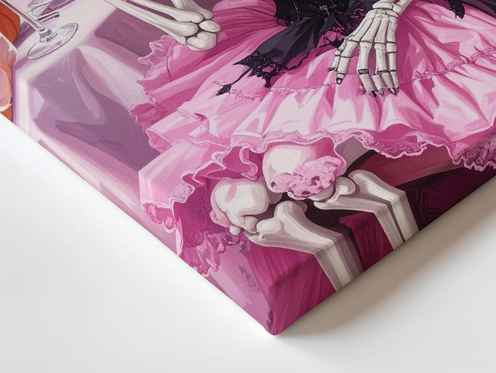 Victorian Skeleton Lady Canvas – Pink Gothic Halloween Dinner Party Art - Gifitto