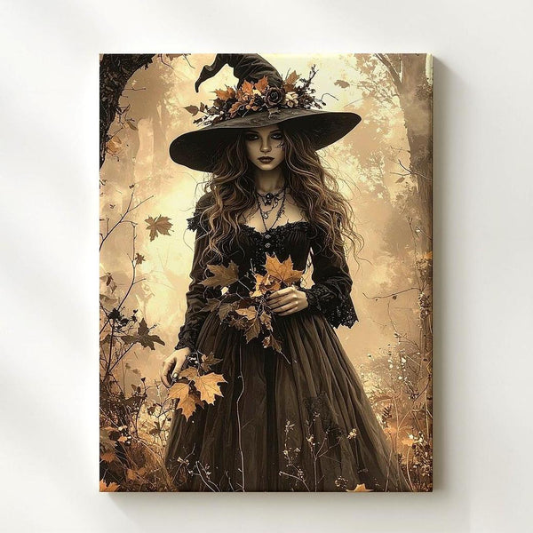 Sepia Witch in Forest Canvas – Elegant Gothic Halloween Wall Art - Gifitto