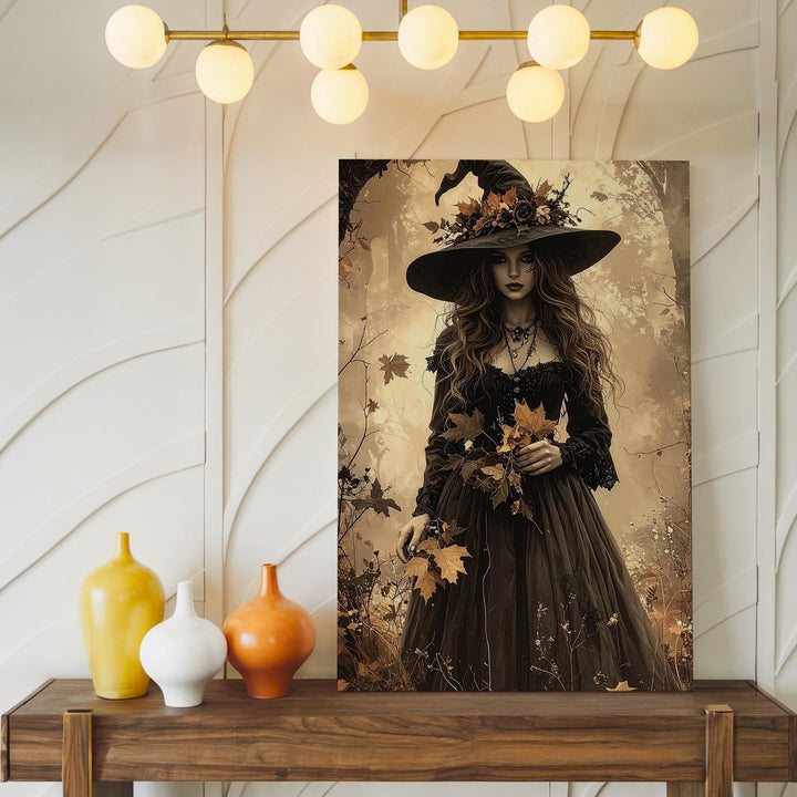 Sepia Witch in Forest Canvas – Elegant Gothic Halloween Wall Art - Gifitto