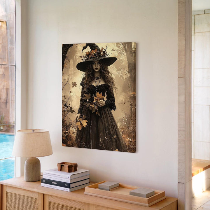 Sepia Witch in Forest Canvas – Elegant Gothic Halloween Wall Art - Gifitto