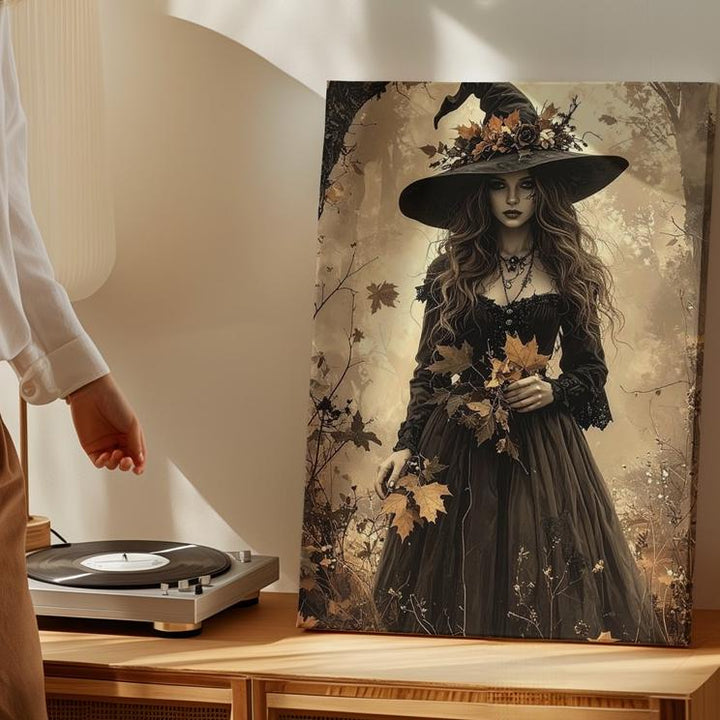Sepia Witch in Forest Canvas – Elegant Gothic Halloween Wall Art - Gifitto