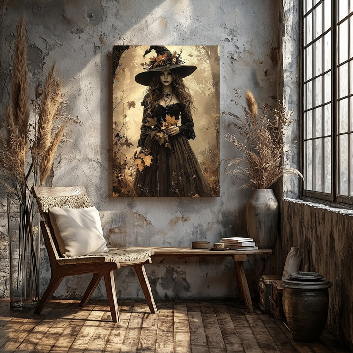 Sepia Witch in Forest Canvas – Elegant Gothic Halloween Wall Art - Gifitto