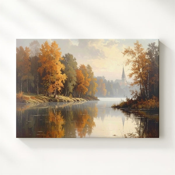 Autumn Reflection Canvas – Sacred Lake & Church Steeple in Misty Calm - Gifitto