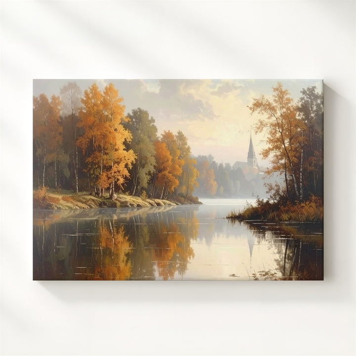 Autumn Reflection Canvas – Sacred Lake & Church Steeple in Misty Calm - Gifitto