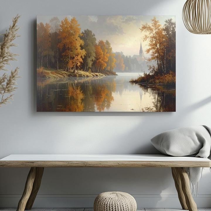 Autumn Reflection Canvas – Sacred Lake & Church Steeple in Misty Calm - Gifitto