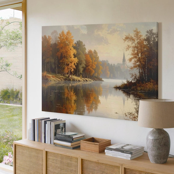 Autumn Reflection Canvas – Sacred Lake & Church Steeple in Misty Calm - Gifitto