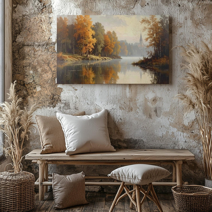 Autumn Reflection Canvas – Sacred Lake & Church Steeple in Misty Calm - Gifitto
