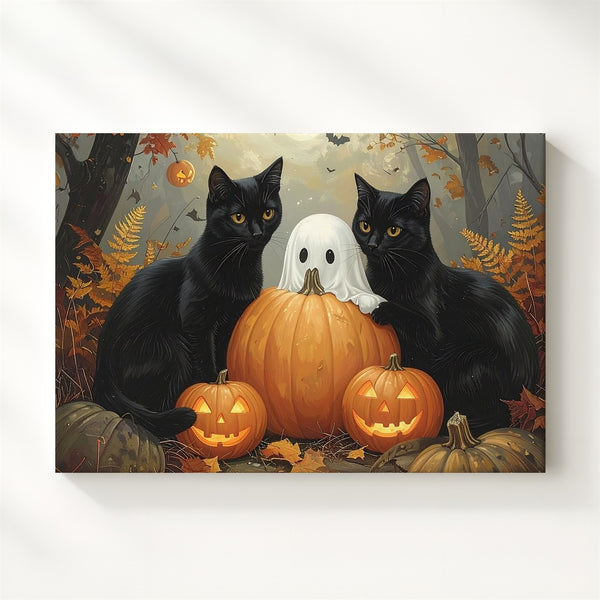 Golden Forest Cats & Ghost Canvas – Whimsical Halloween Storybook Wall Art - Gifitto