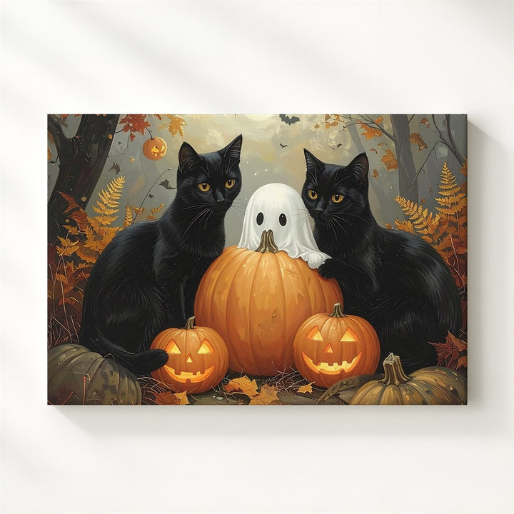 Golden Forest Cats & Ghost Canvas – Whimsical Halloween Storybook Wall Art - Gifitto