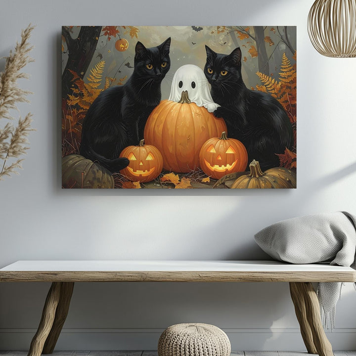 Golden Forest Cats & Ghost Canvas – Whimsical Halloween Storybook Wall Art - Gifitto