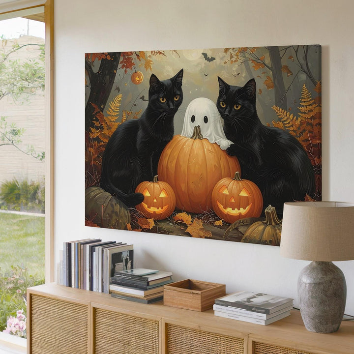 Golden Forest Cats & Ghost Canvas – Whimsical Halloween Storybook Wall Art - Gifitto