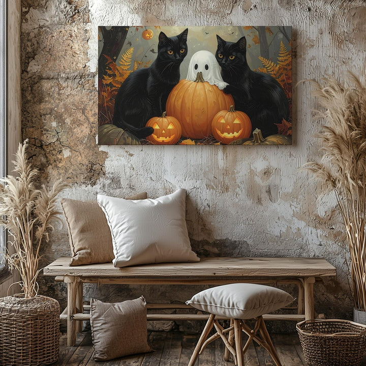 Golden Forest Cats & Ghost Canvas – Whimsical Halloween Storybook Wall Art - Gifitto