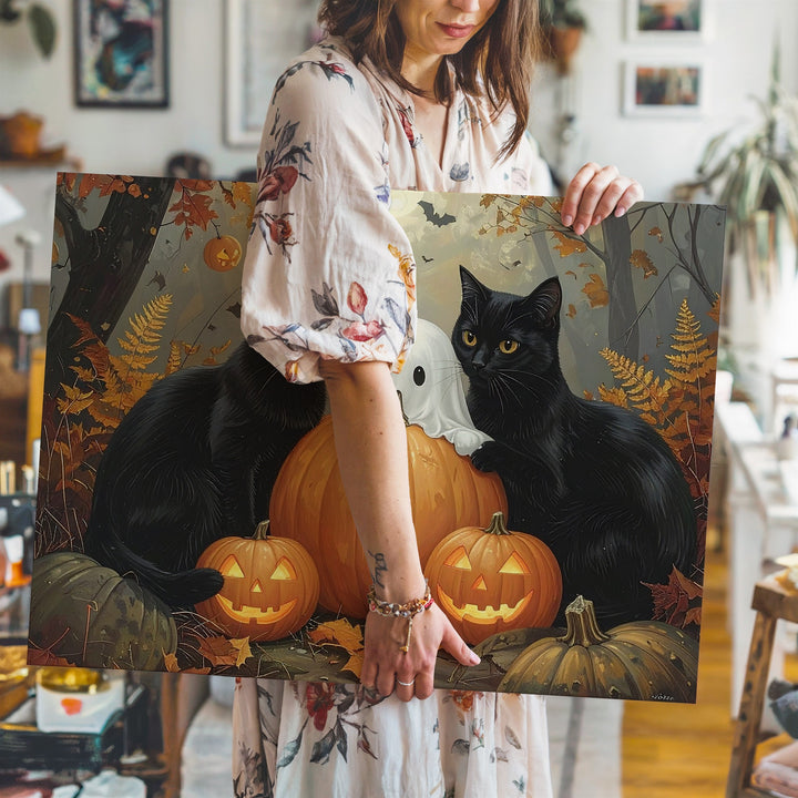 Golden Forest Cats & Ghost Canvas – Whimsical Halloween Storybook Wall Art - Gifitto