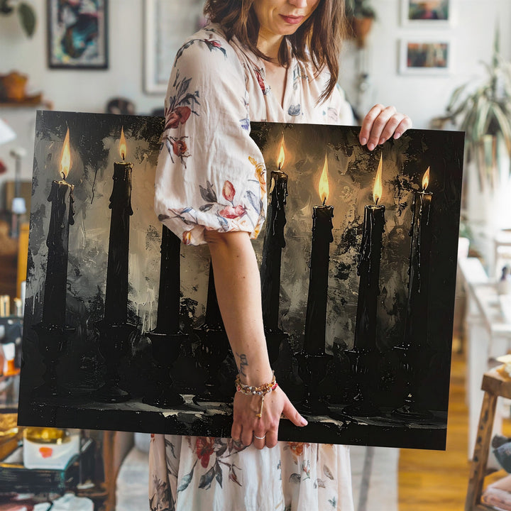 Seven Flames Canvas – Gothic Black Candle Ritual Wall Art - Gifitto