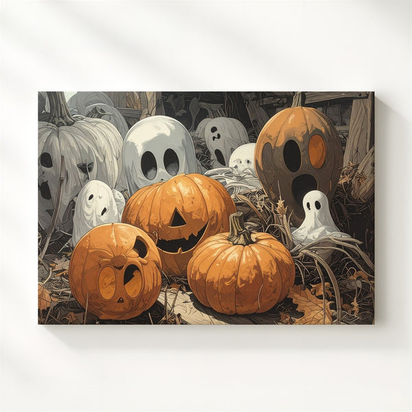 Playful Pumpkin Ghosts Canvas – Whimsical Halloween Indoor Art - Gifitto