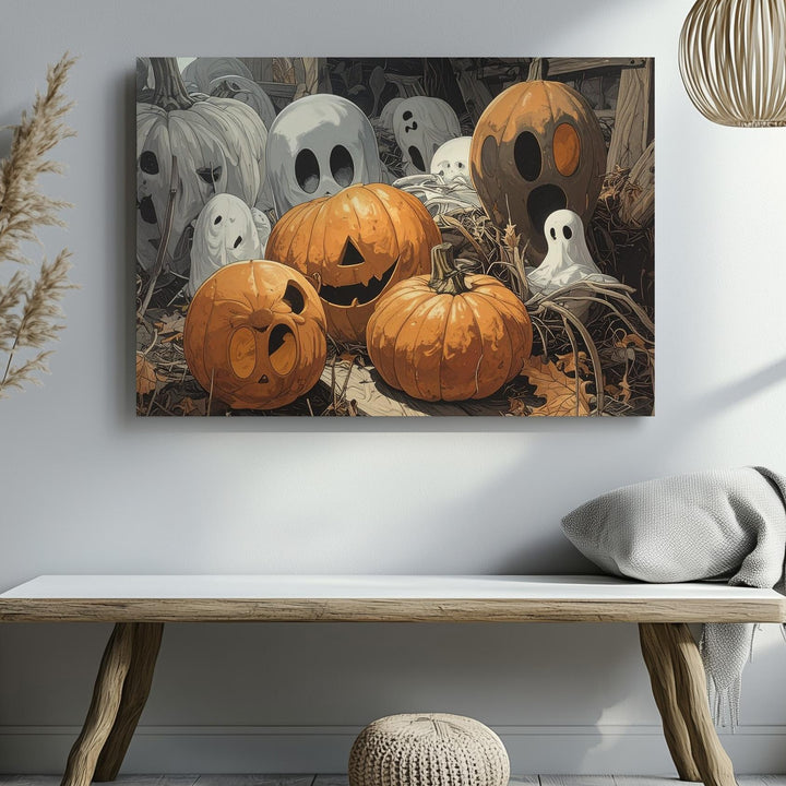 Playful Pumpkin Ghosts Canvas – Whimsical Halloween Indoor Art - Gifitto