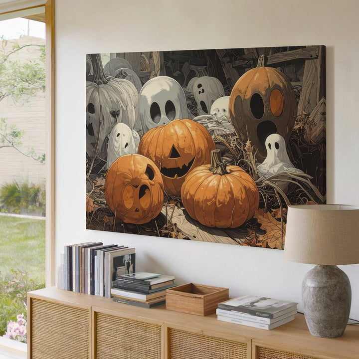 Playful Pumpkin Ghosts Canvas – Whimsical Halloween Indoor Art - Gifitto
